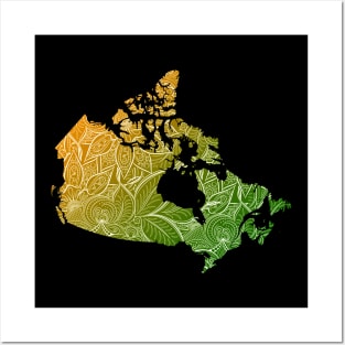 Colorful mandala art map of Canada with text in green and orange Posters and Art